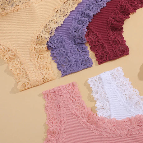 3PCS/Set Sexy Lace Seamless Cotton Brazilian Panties Women Ribbed Intimates Breathable Panties Low Waist Female Cotton Underwear