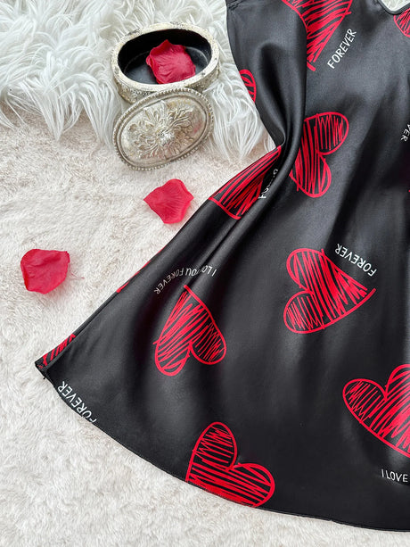 Valentine's Day Red Lip Print Satin Slip Nightdress V Neck Backless Mini Sleep Dress Women's Sleepwear Dresses