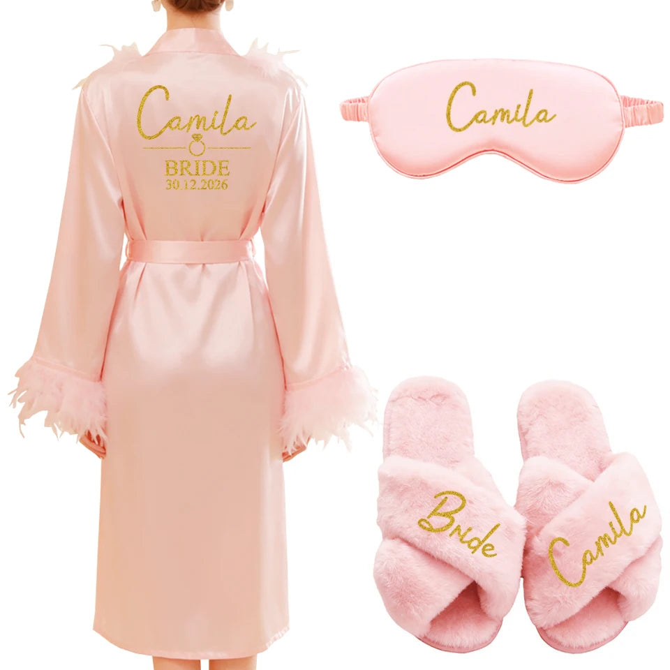 Personalized Name Date Wedding Feather Bride Robe Bridesmaid Bathrobe Nightwear Long Elegant Woman Gown Sexy Nightgown for Party