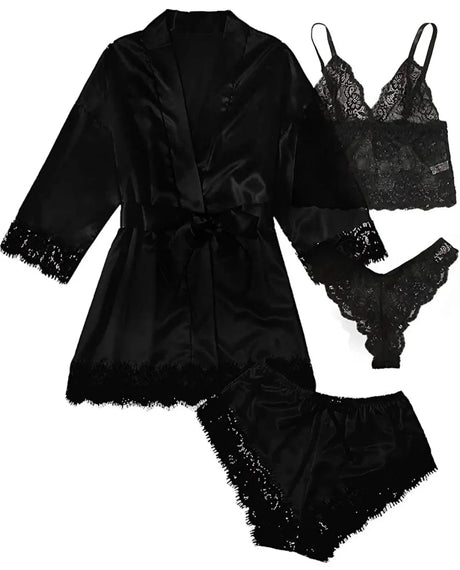 Women's Summer Sexy Pajama Pants Set 4 Pieces Lace Satin With Silk Sleepwear Robe Fashion And Comfortable Nightwear