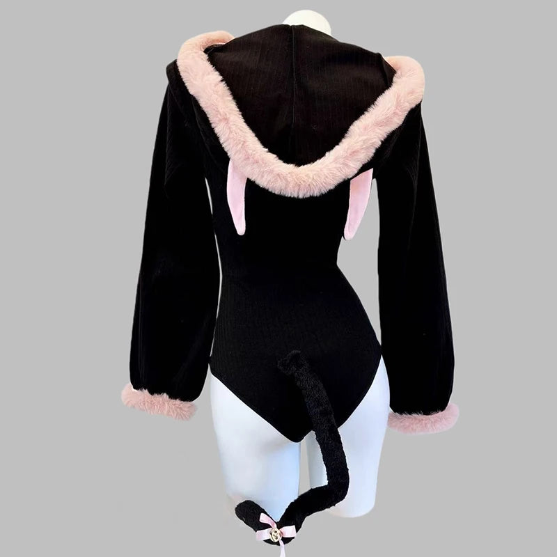 SENMHS Original Japanese Sweet Lolita Cat Girl Cosplay Set Women Kawaii Cat Paw Bikini with Hooded Bodysuit Photo Shoot Hallowee