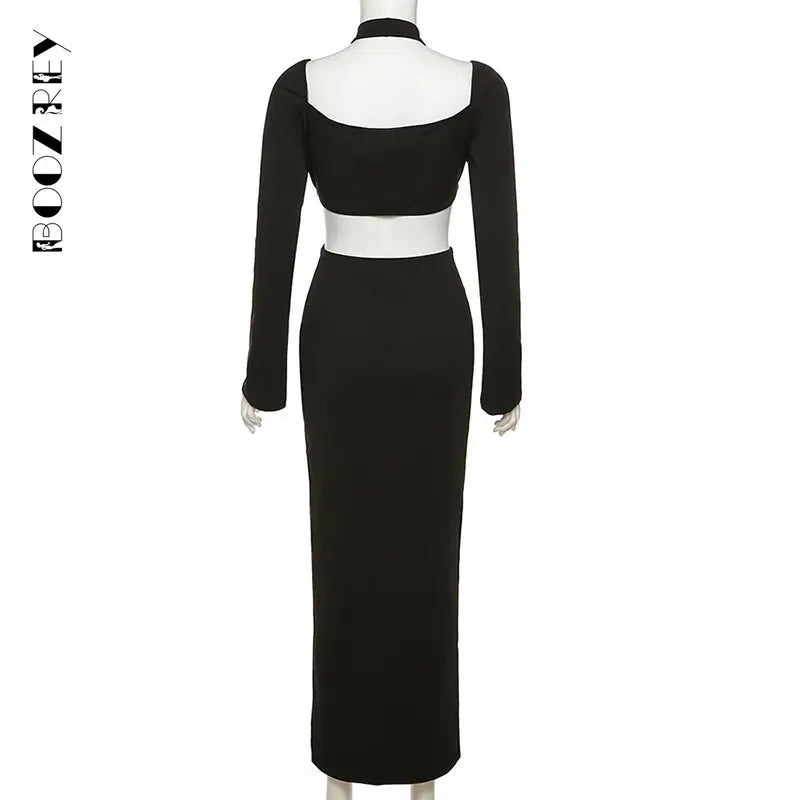 BoozRey Sexy Hipster Midi Dress Women Cleavage Hollow Backless Full Sleeve Solid Party Robe Female Slim High Street Attirewear