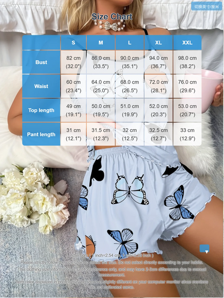 Butterfly Print Pajama Set Lettuce Trim Cami Top Elastic Waistband Shorts Women Sleepwear Loungewear