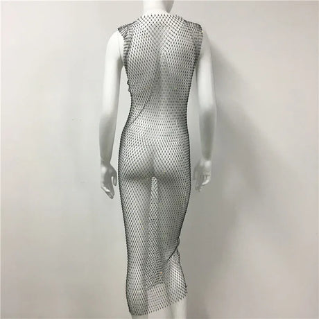 Fishnet Bling Diamonds Women Dress High Split Plaid See Through Sleeveless Summer Sexy Slim Long Dresses Dance Party Fashion New