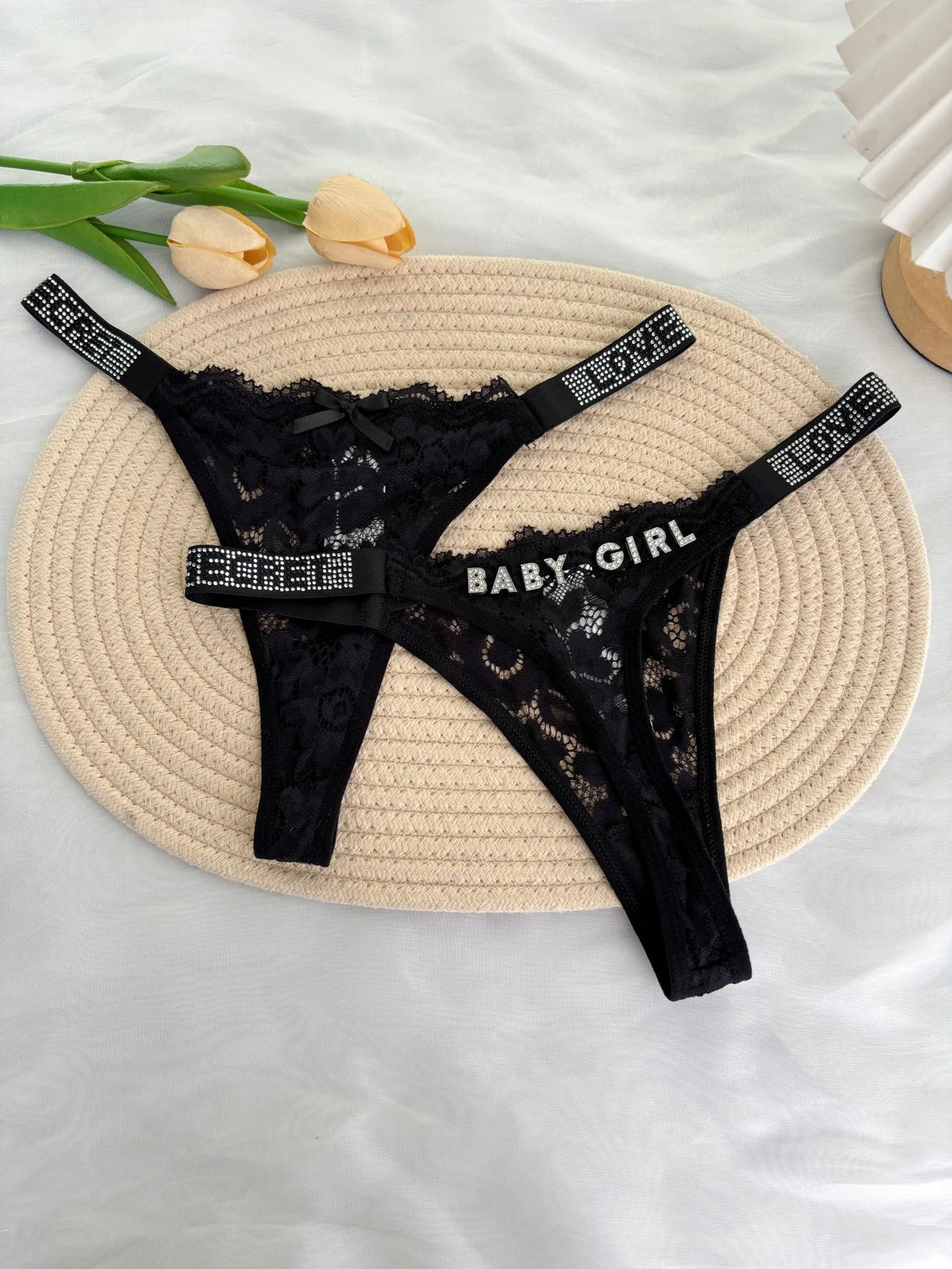 Custom Rhinestone Letter Name Thong Sexy Lace Panties Low-Rise Crystal Letter G-string Personalized Gift Wife Lover Anniversary