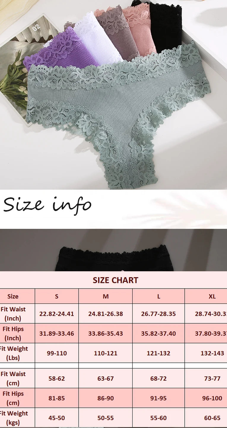 3PCS/Set Sexy Lace Seamless Cotton Brazilian Panties Women Ribbed Intimates Breathable Panties Low Waist Female Cotton Underwear