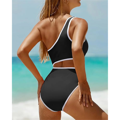 Vzvn 2026 New Women Swimwear Female Padded Bather Bathing Suit Swim Colors Cut Out One Shoulder Splicing One Piece Swimsuit