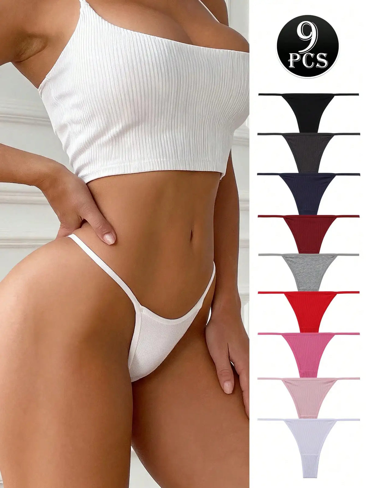 9Pcs Sexy Thong Panties Ribbed Low Waist Seamless Thongs Soft Briefs Breathable Comfortable G-String Underwear Simple Style