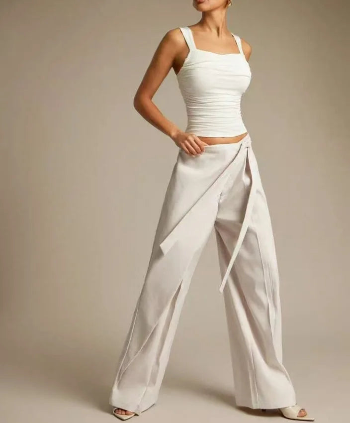 Women High Waist Wide Leg Pants Loose Wrap Tie Knot Asymmetric Pleated Trousers Beach Casual Bottoms