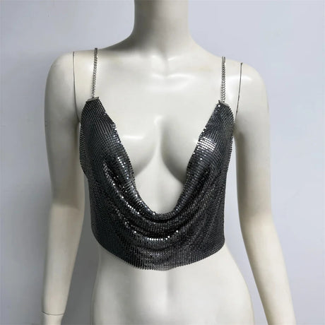 Fashion Metallic Sequins Party Tank Top Sexy Deep V Neck Backless Spaghetti Straps Sling Crop Top 2024 Rave Nightclub Camisole