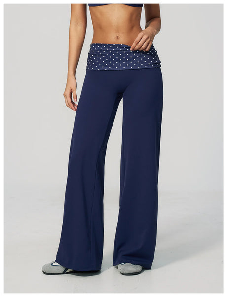 Fashion Polka Dot And Striped Wide Leg Pants For Women Fold Over Waist Bell-bottoms Flare Yoga Pants Push Up Workout Leggings