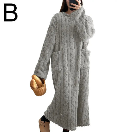 Winter Long Sleeve Double Pocket Flannel Nightgowns Women Loose Solid Sleepwear Jacquard Night Dress Thickened Warm Nightdress