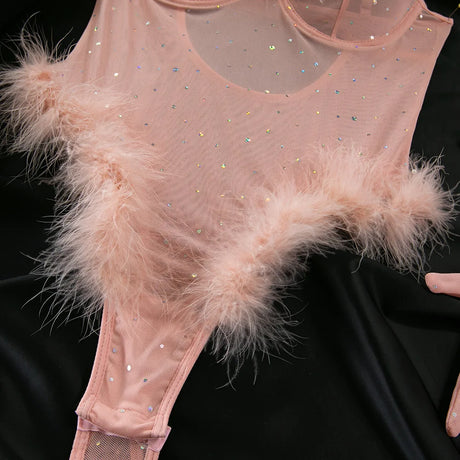 Women's Lingerie Bodysuit Rhinestone Mesh Feather Trim Sheer Teddy With Gloves Set Sleepwear Nightwear Party Clubwear Outfit