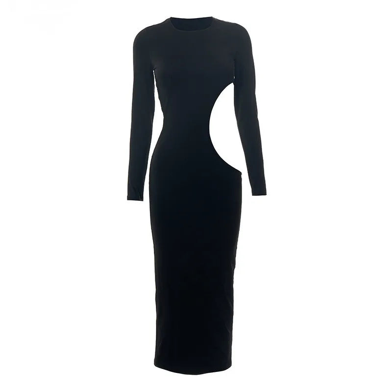 2025 Women's Solid Color Long Sleeve O-Neck Sexy Hollow Out Long Dresses Club Party Dress Sexy Vestidos Plus Size XXXS-3XL XXL