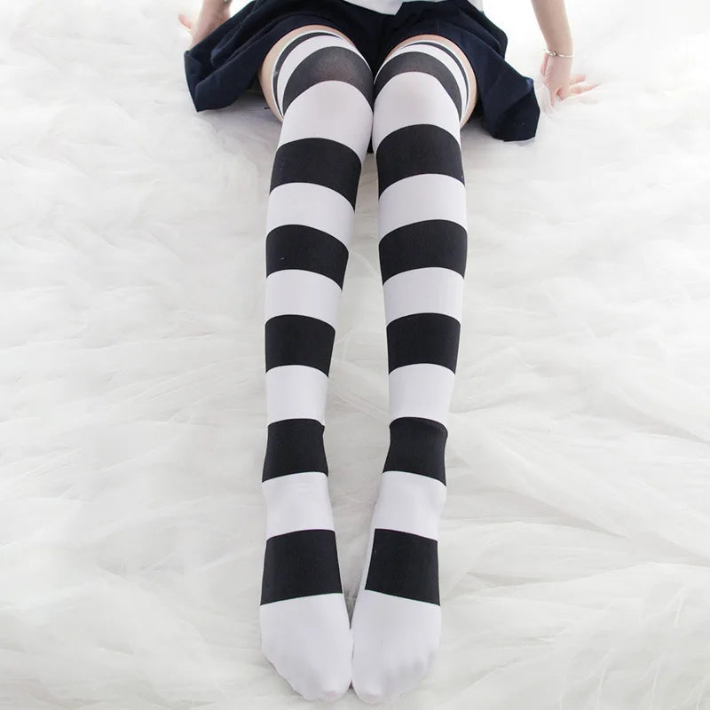 Lolita Over Knee Socks Pink Strip Kawaii Cat Paw Print Stockings Lolita Gothic Velvet Over The Knee Thigh High JK Long Stockings