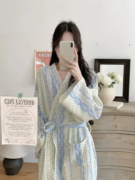 Sweet, Fresh, And Retro Striped Floral Nightgown and Pajamas for Women: Long-Sleeve Bathrobe and Loungewear for Spring and Fall