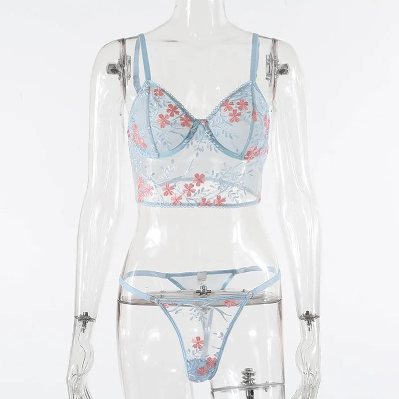Women's Lace Floral Embroidery Bra And Panties Set See through Sexy Lingerie Underwear 2 Piece Female Bra Brief Set 9527E