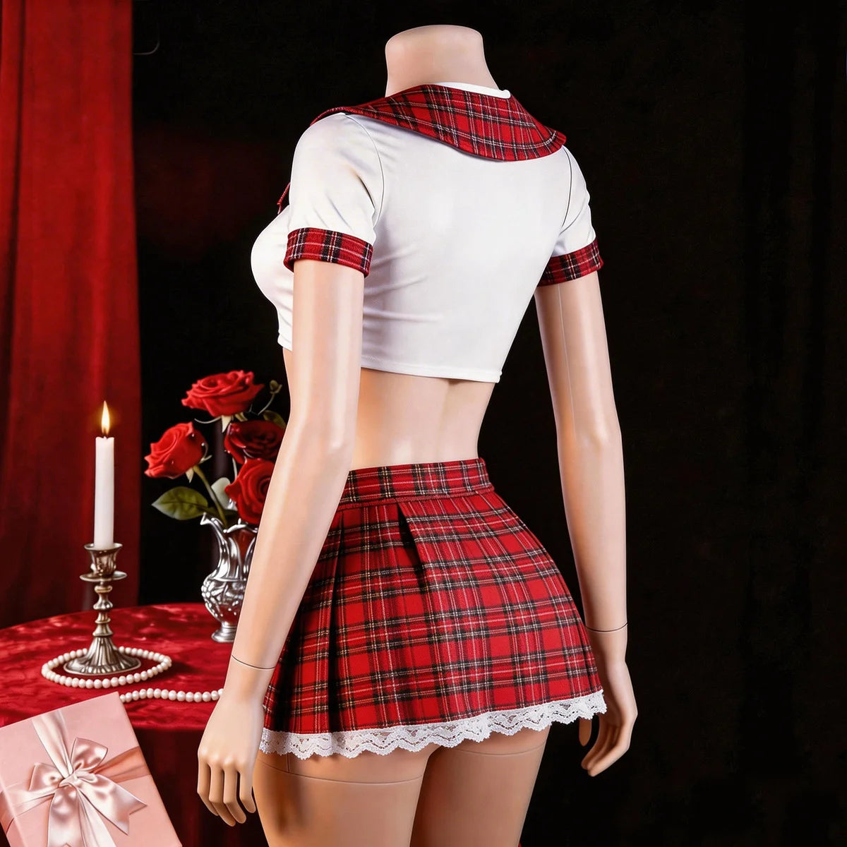 Women Sexy Lingerie Plaid Cosplay Uniform Role Play Costume Erotic Underwear Checkered Nightwear Fancy Dress Plus Size Set