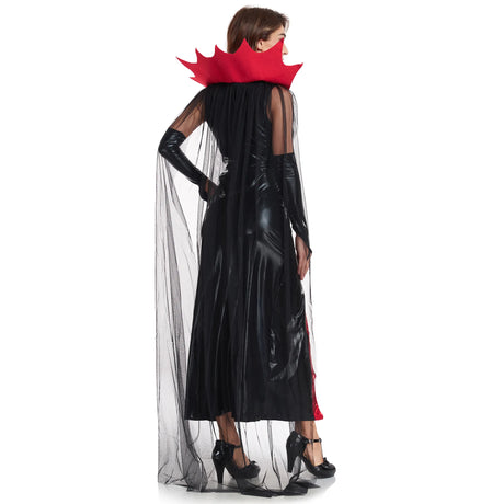 Women Vampire Queen Costume Black Red Leather Long Dress with Mesh Cape Halloween Witch Cosplay Outfit Gothic Dark Party Suit