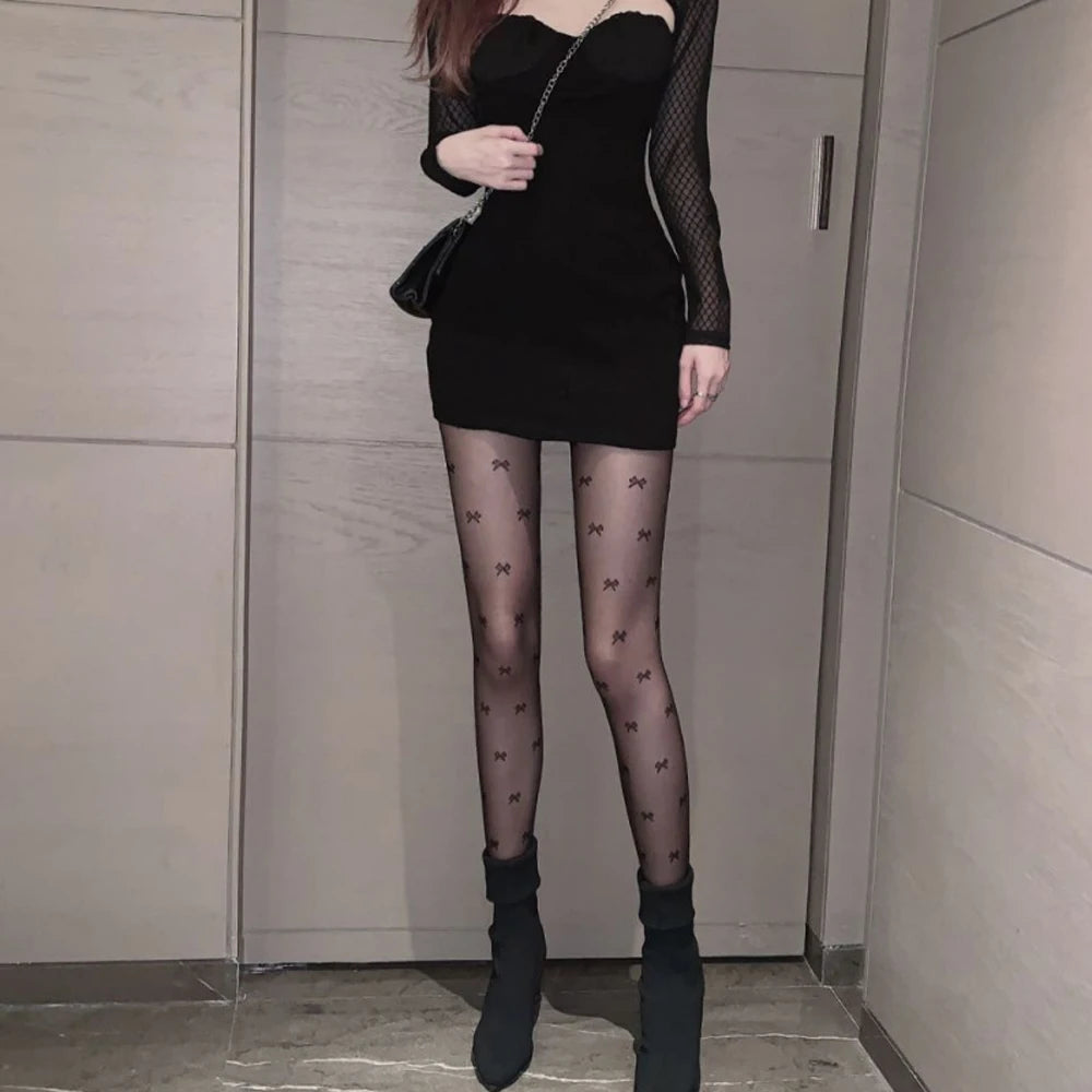 New Fashion Women Pantyhose Tights Sexy Stocking Bow Knot Tight for Ladies Black and White Thin Transparent Socks