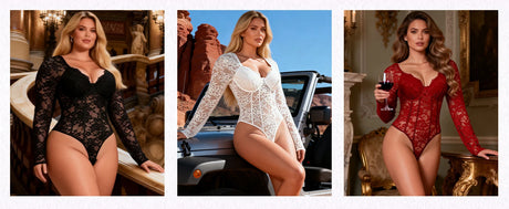 Women Sexy Lace Long Sleeve Bodysuit Underwire Square V Neck Open Crotch Clubwear Top Plus Size Snap Closure Teddy Lingerie