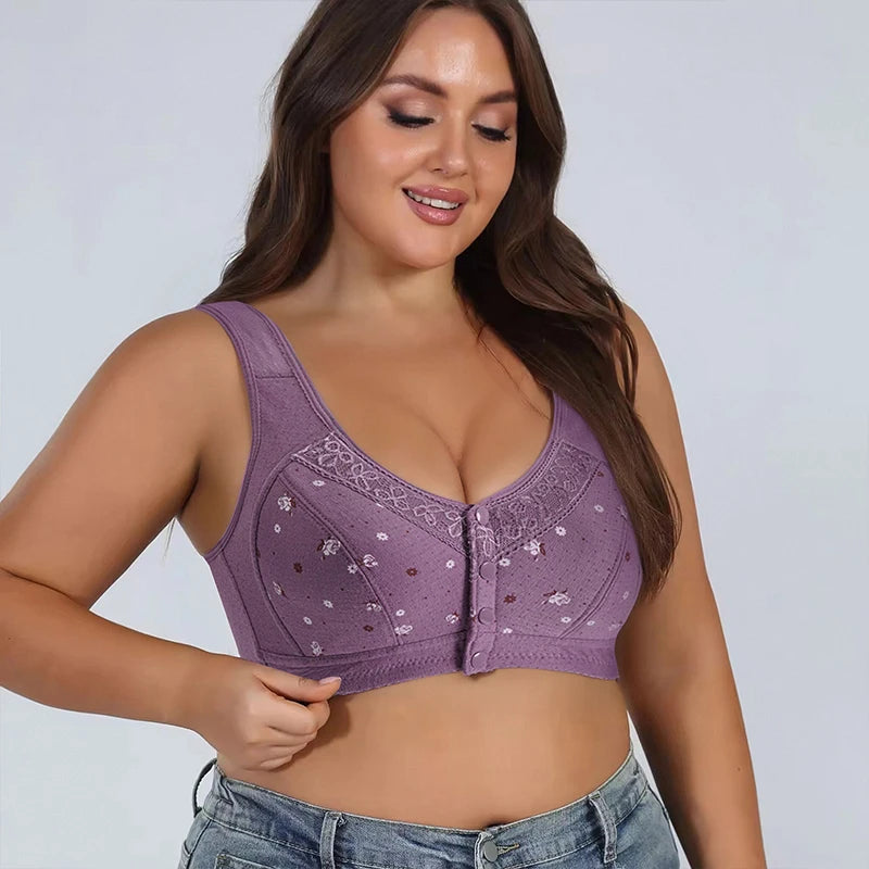FallSweet Front Closure Cotton Bra for Women Plus Size Seamless Wireless Sports Bras Thin Underwear for Middle-Aged & Elderly