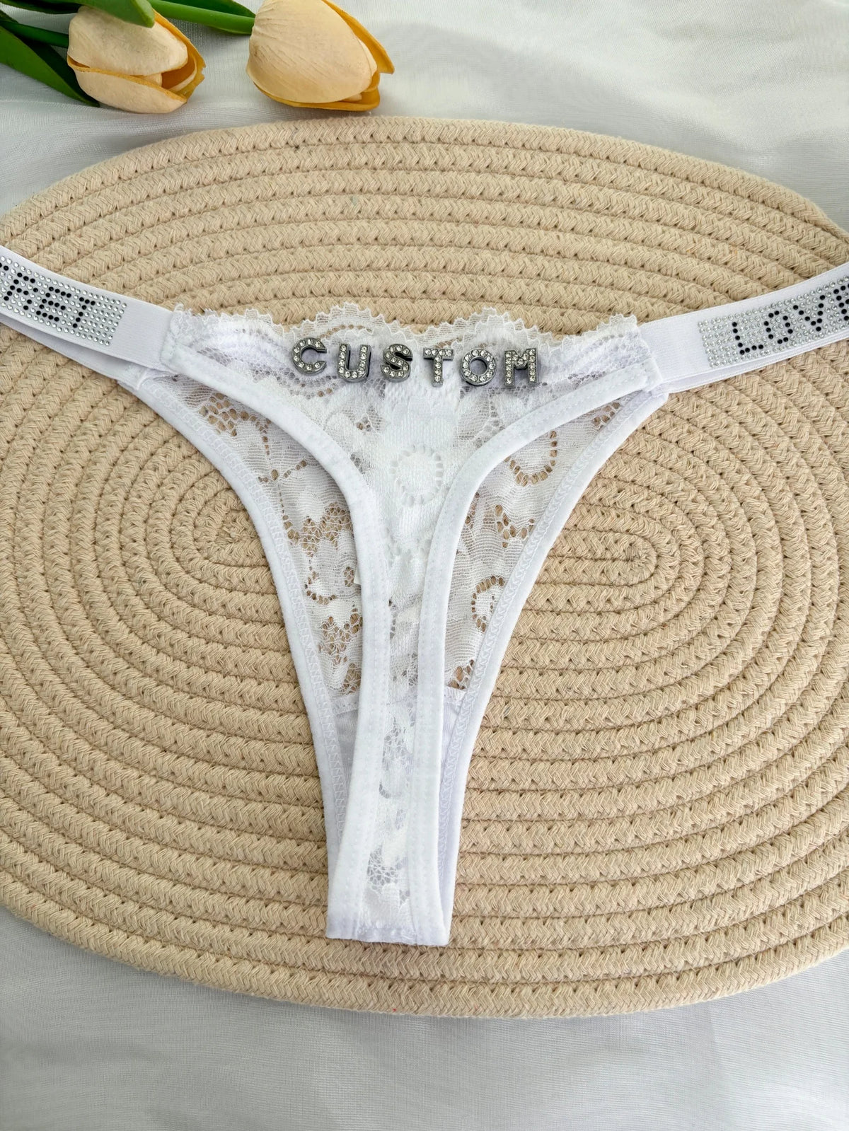 Custom Rhinestone Letter Name Thong Sexy Lace Panties Low-Rise Crystal Letter G-string Personalized Gift Wife Lover Anniversary