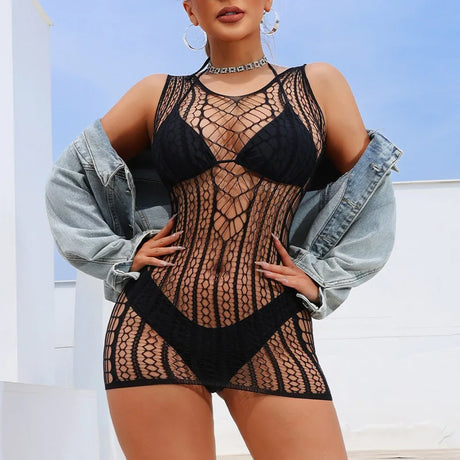 Sexy Erotic Lingerie Women Lace Tight Fit Patterned Sheer Mesh One Piece Bodysuit Dress