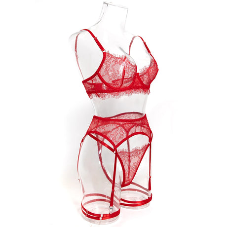 Women's Pink Floral Lace Sheer Lingerie Set See-Through Push-Up Bra Waist Cincher with Garter Belt Thong Intimate Erotic Outfits