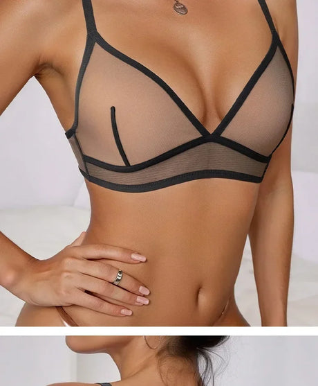 Sexy Transparent Ladies' Brassiere Three-piece Women's Bra Small Bust Mesh Lingerie Ultra-thin Triangle Double Shoulder Straps