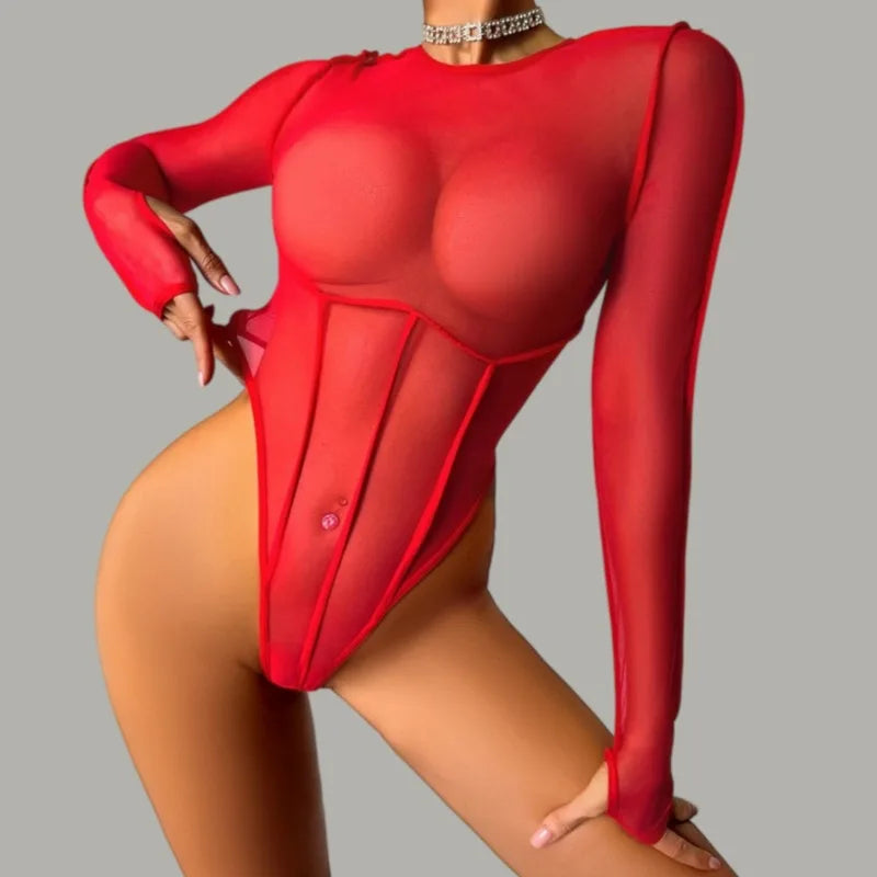 Red Exotic Bodysuits Tempted Fitting Lingeries Femme Ultra Hot Sexy See Through Mesh Splicing Crotchless Teddies Sissy Underwear