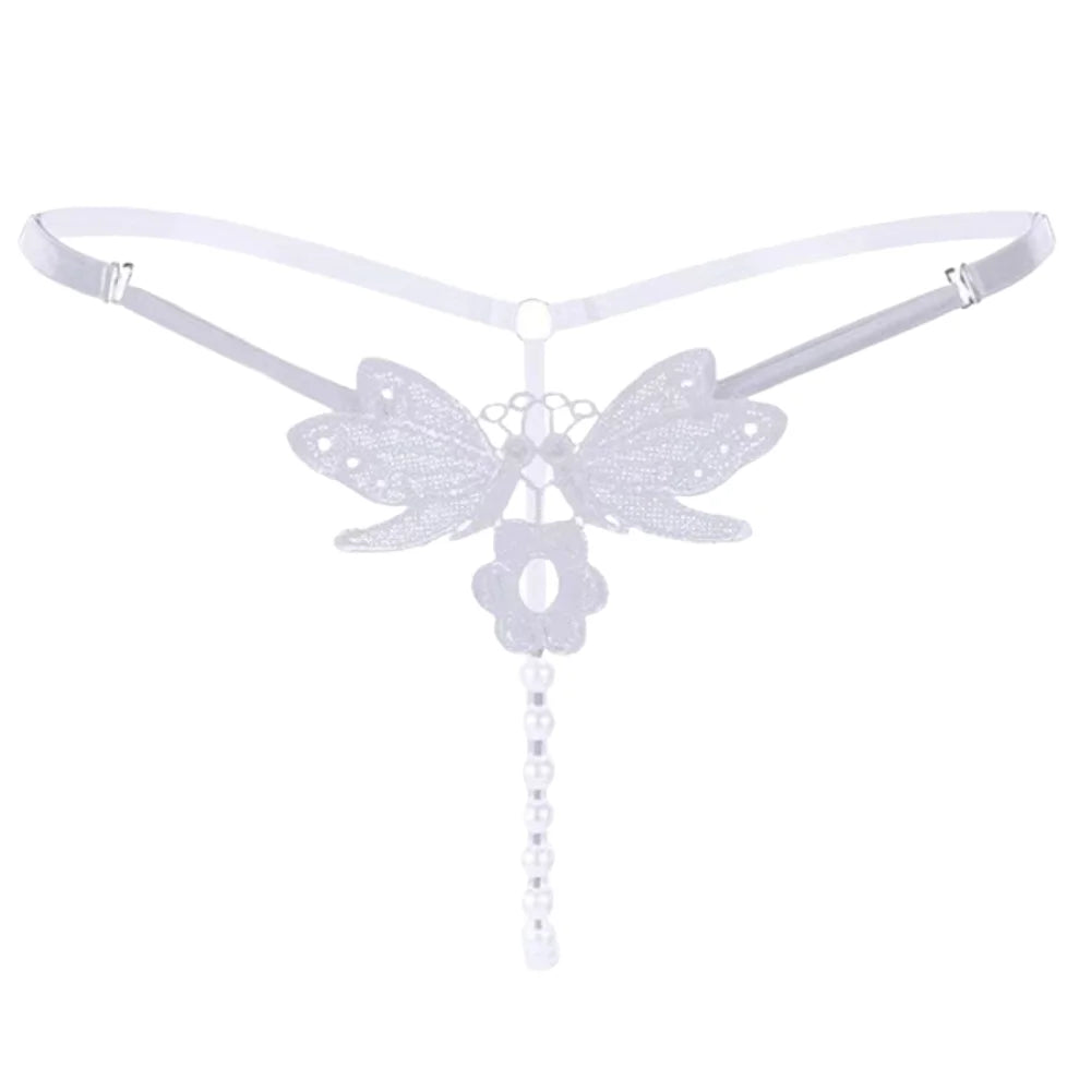 Butterfly Lace Pearl G-String Thong Adjustable Strap Hollow Out T Back Panty Adult Women Seductive Decorative Pearl Intimate