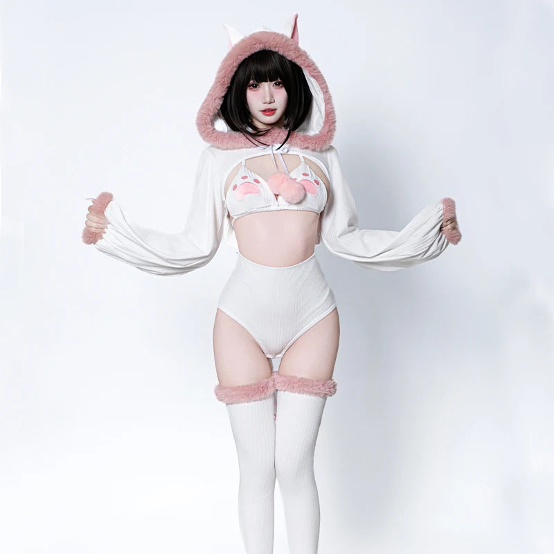 SENMHS Original Japanese Sweet Lolita Cat Girl Cosplay Set Women Kawaii Cat Paw Bikini with Hooded Bodysuit Photo Shoot Hallowee