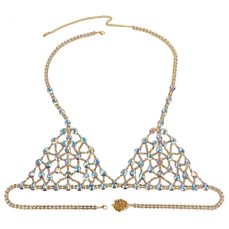 Sexy Mesh Crystal Jewelry Women Lingerie Set Bra Panties Bling Rhinestone Harness Multicolored Beach Body Chain