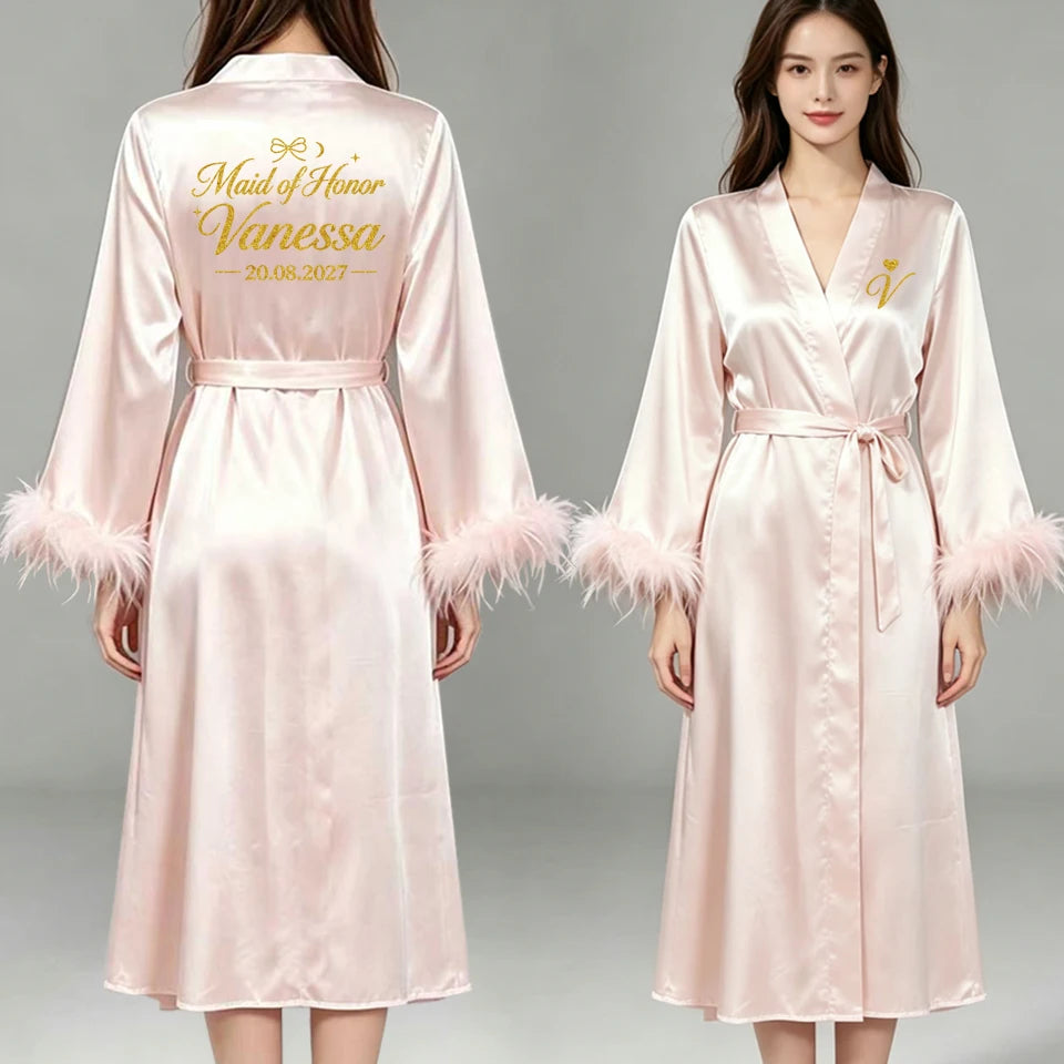 Custom Name Bride Robe Satin Feather Bridesmaid Robes Personalized Wedding Morning Gown Bachelorette Party Bathrobe