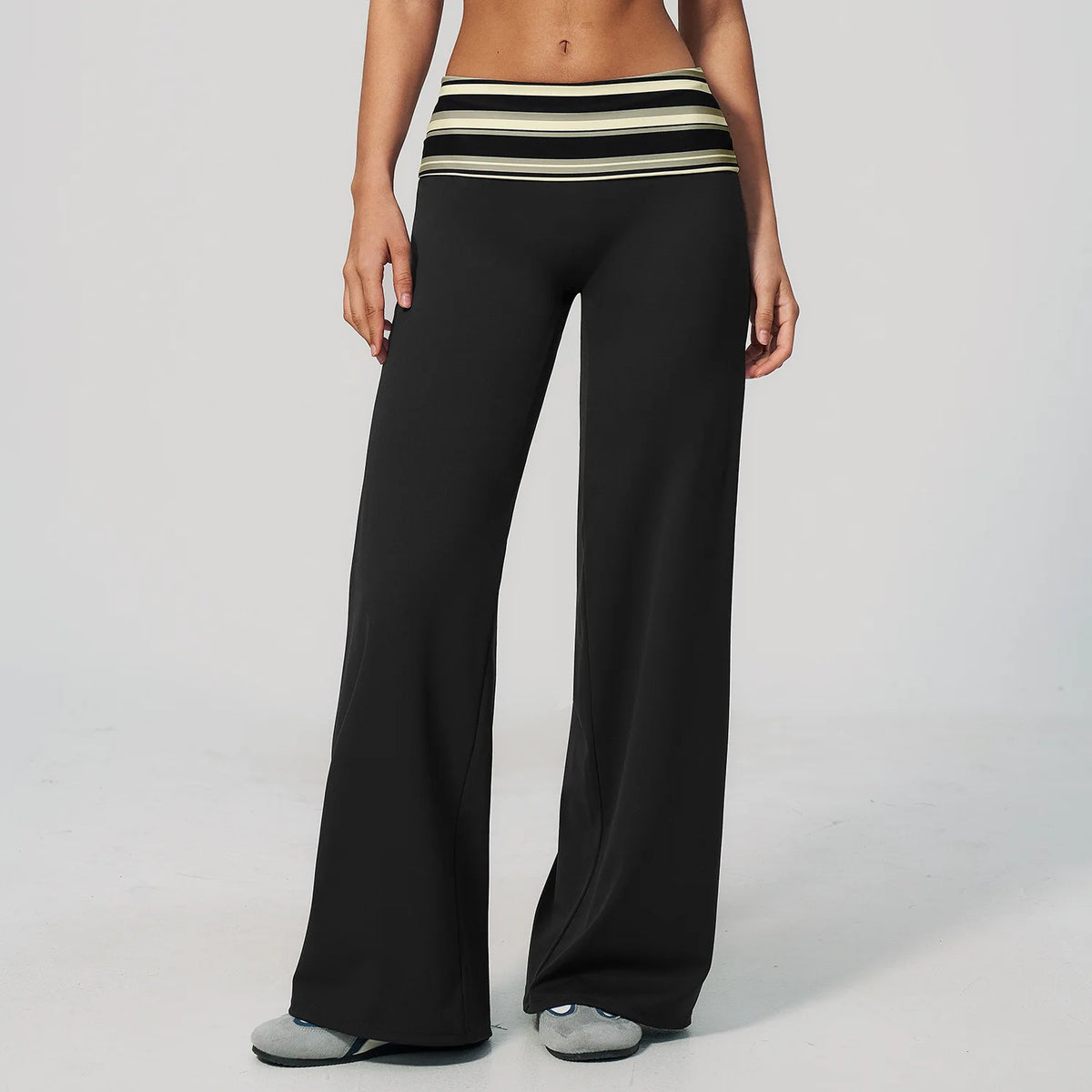 Fashion Polka Dot And Striped Wide Leg Pants For Women Fold Over Waist Bell-bottoms Flare Yoga Pants Push Up Workout Leggings