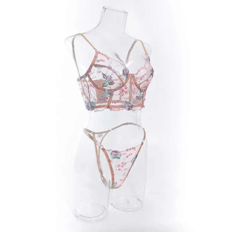 Floral Lingerie Set PushUp Bra Thong Sheer Mesh Underwear Breathable Lace Bralette Kits for Women