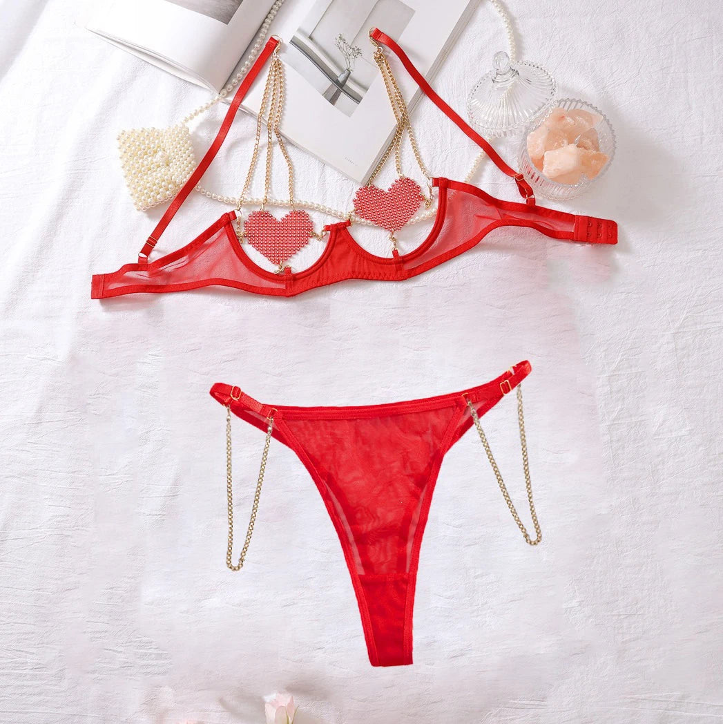 Women Red Rhinestone Heart Lingerie Set with Underwire Bra High Waist Garter Belt Thong and Long Gloves Party Outfit