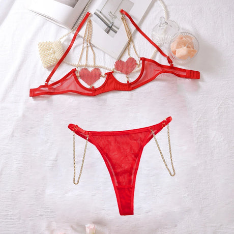 Women Red Rhinestone Heart Lingerie Set with Underwire Bra High Waist Garter Belt Thong and Long Gloves Party Outfit