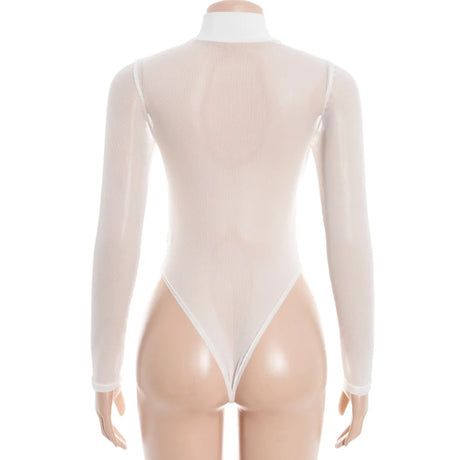 New 2026 White Bandage Bodysuit Women Mesh Transparent Sexy Slim Stretchy Jumpsuit Top T-shirt Long Sleeve Design 66005