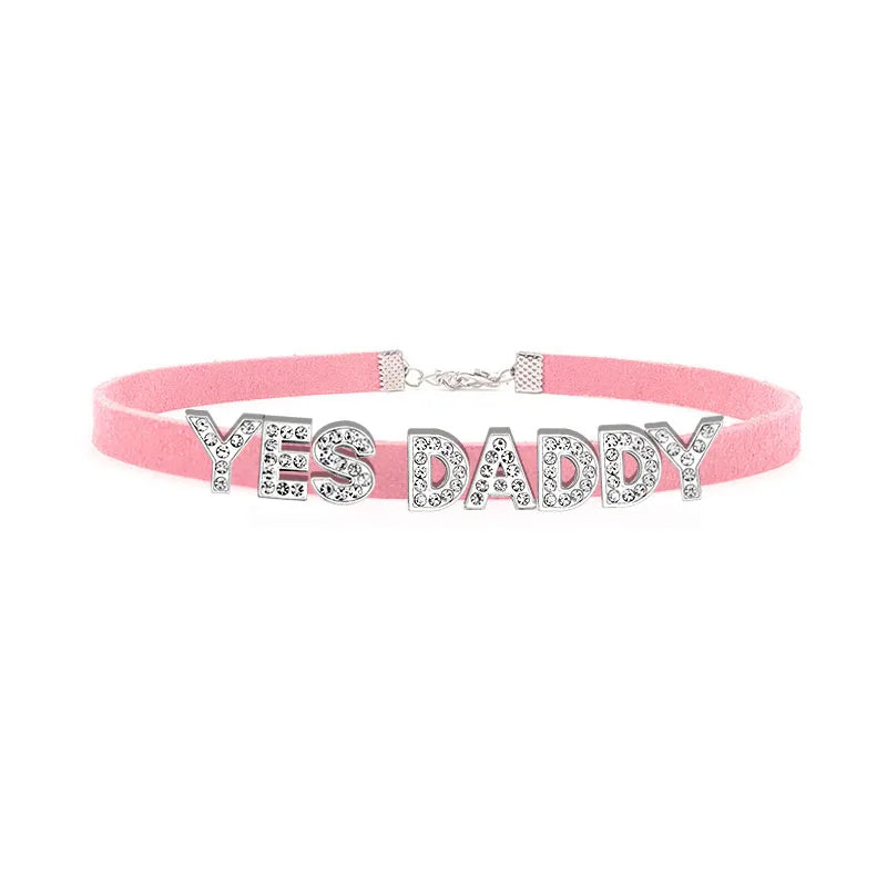 Sexy Rhinestone Letters Hotwife Collar Choker for Women Men DIY Customized Necklaces Pink Suede Leather Cosplay Jewelry Gift