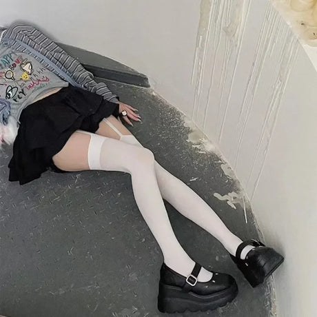 Women Suspender Wide-banded Velvet Tights Lolita Thin Thigh High Stockings with Garters Y2K JK College Style Over The Knee Socks