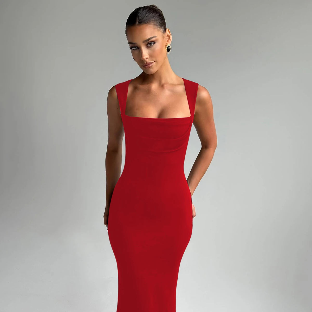 Hugcitar Women Elegant Solid Square Collar Straps Sexy Bodycon Maxi Prom Dress Summer Women Y2K Clothes Evening Party Birthday