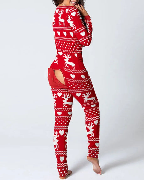 Sexy Pyjama Women's Long Sleeves Homewear Suit Button-Down Front Back Butt Bum Open Ass Flap Jumpsuit Loungewear Christmas Print