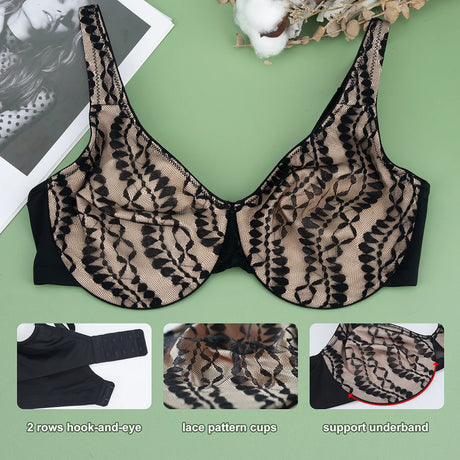 Sheroine Sexy Plus Size Minimizer Bra, Lace Underwire Non-Padded Lingerie for Women Lifting Support Comfort