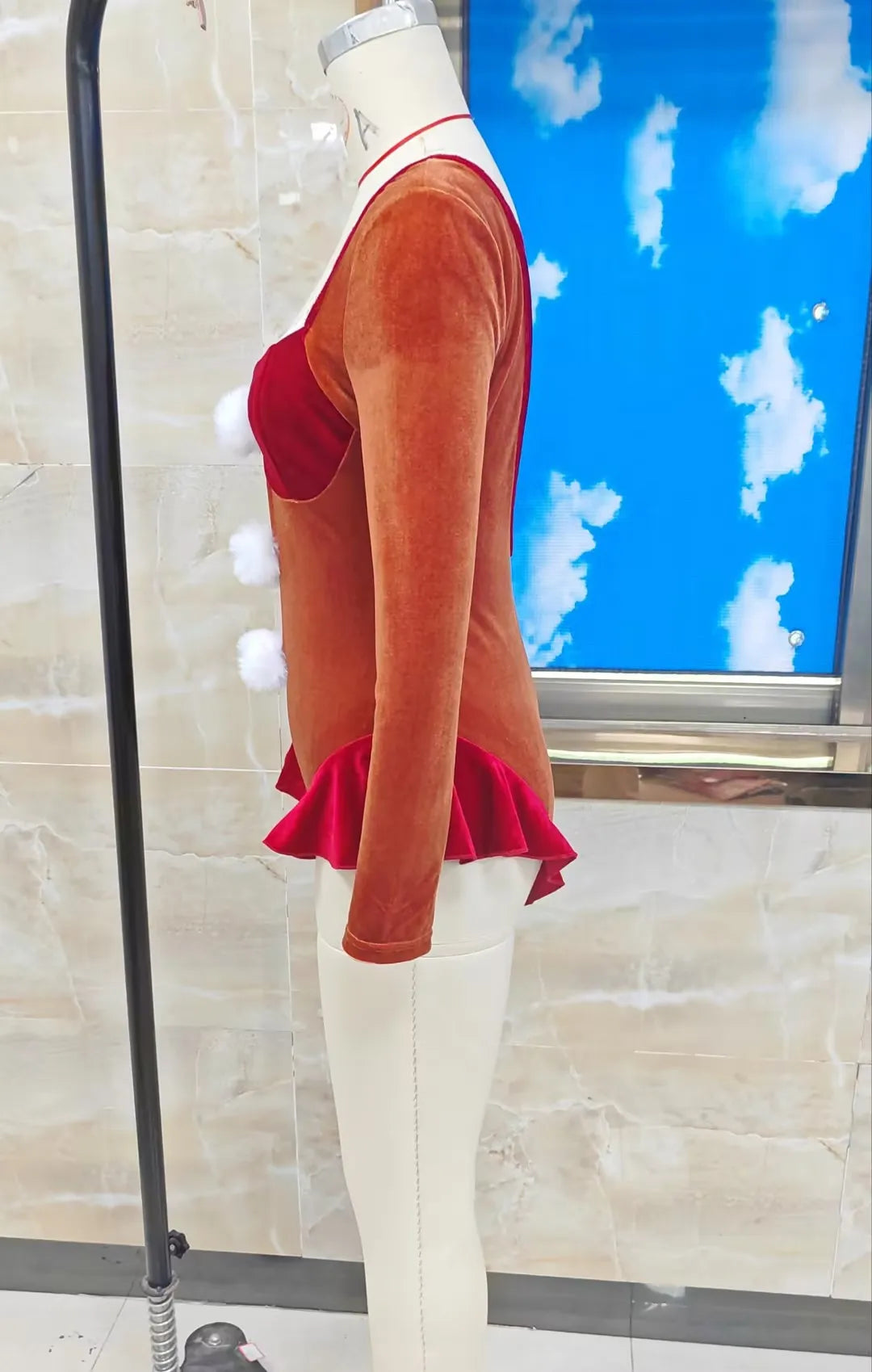 Women Christmas Velvet Bodysuit Long Sleeve Backless Ruffle Hem Jumpsuit With White Pom Poms Xmas Holiday Party Cosplay Costume