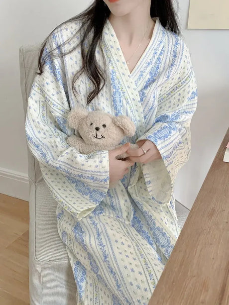 Sweet, Fresh, And Retro Striped Floral Nightgown and Pajamas for Women: Long-Sleeve Bathrobe and Loungewear for Spring and Fall