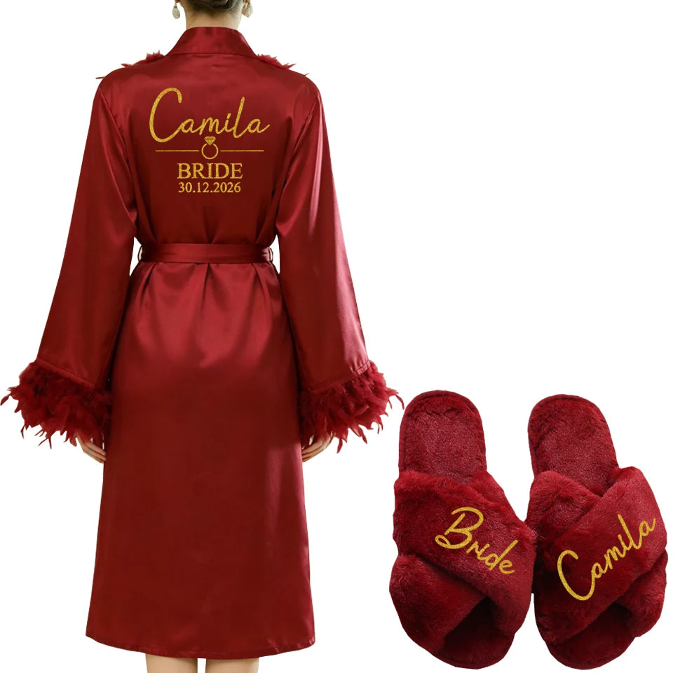 Personalized Name Date Wedding Feather Bride Robe Bridesmaid Bathrobe Nightwear Long Elegant Woman Gown Sexy Nightgown for Party
