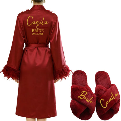 Personalized Name Date Wedding Feather Bride Robe Bridesmaid Bathrobe Nightwear Long Elegant Woman Gown Sexy Nightgown for Party
