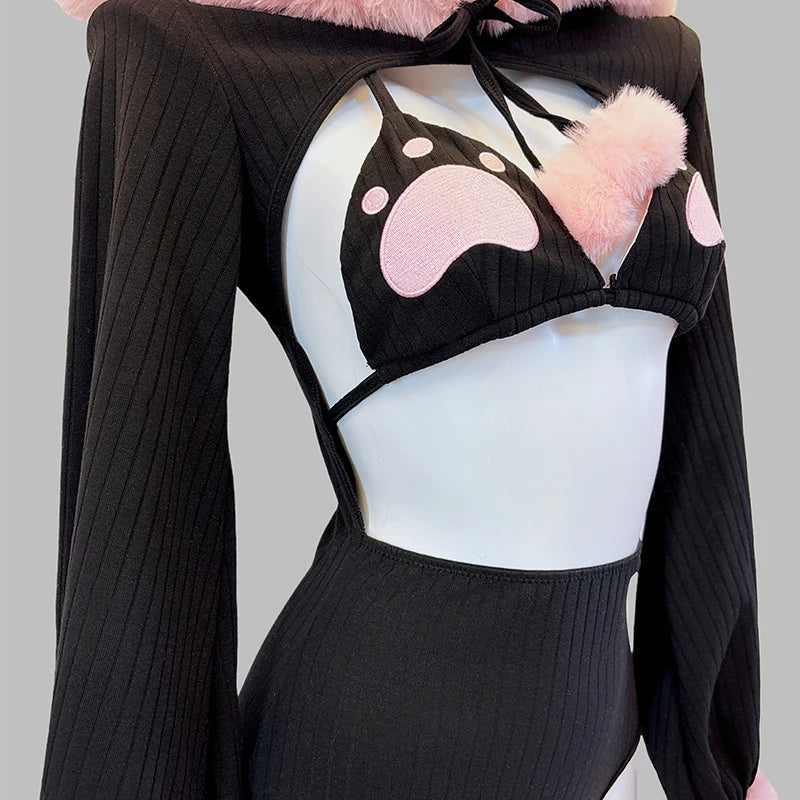 SENMHS Original Japanese Sweet Lolita Cat Girl Cosplay Set Women Kawaii Cat Paw Bikini with Hooded Bodysuit Photo Shoot Hallowee